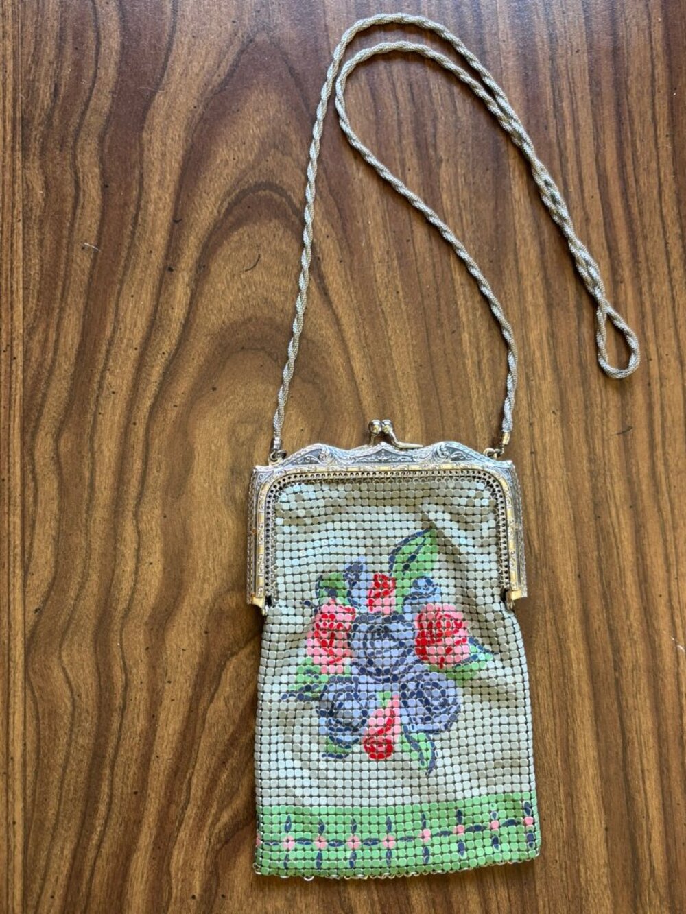 Vintage Whiting & Davis Floral Mesh Evening Bag Chain Art Deco Style Made in USA